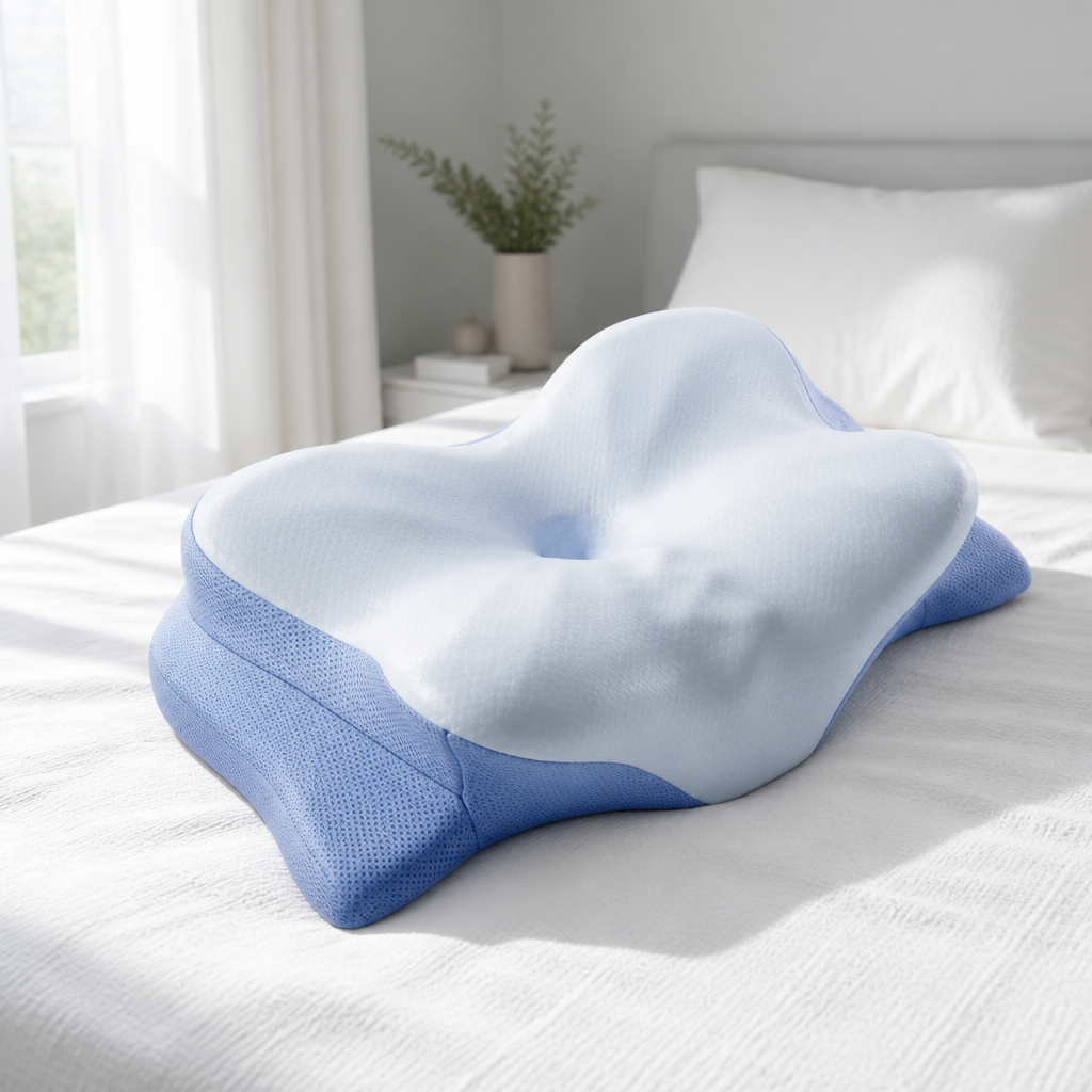 Ergonomic contour pillow on a bed